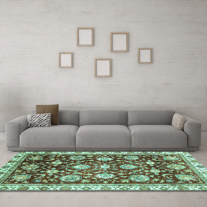 Machine Washable Oriental Turquoise Traditional Area Rugs in a Living Room,, wshabs3115turq