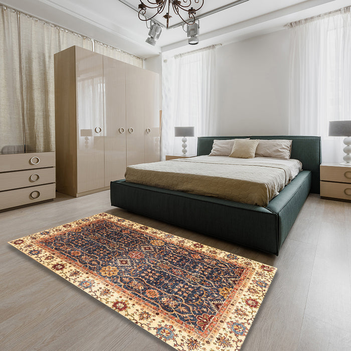 Abstract Red Brown Modern Rug in a Bedroom, abs3116