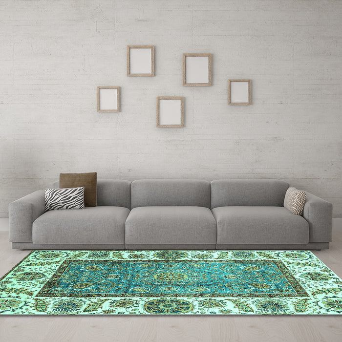 Machine Washable Oriental Turquoise Traditional Area Rugs in a Living Room,, wshabs3117turq