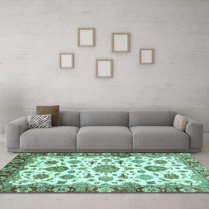 Machine Washable Abstract Turquoise Modern Area Rugs in a Living Room,, wshabs3119turq