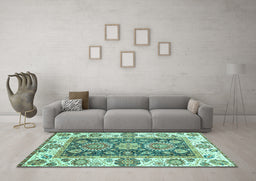 Machine Washable Oriental Turquoise Traditional Area Rugs in a Living Room,, wshabs3120turq