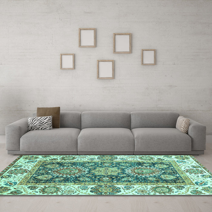 Machine Washable Oriental Turquoise Traditional Area Rugs in a Living Room,, wshabs3120turq
