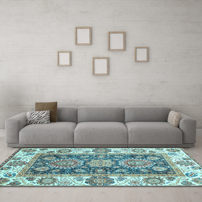 Machine Washable Oriental Light Blue Traditional Rug in a Living Room, wshabs3120lblu