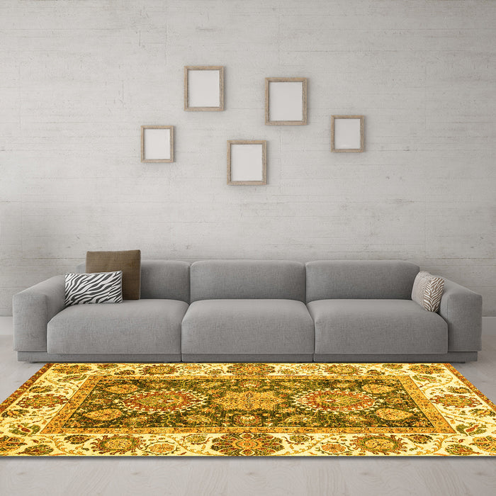 Machine Washable Oriental Yellow Traditional Rug in a Living Room, wshabs3120yw