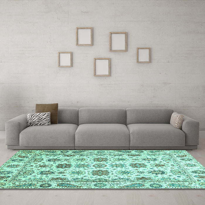 Machine Washable Oriental Turquoise Traditional Area Rugs in a Living Room,, wshabs3121turq