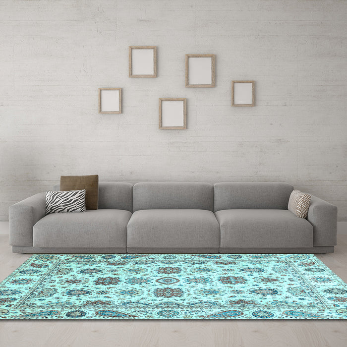 Machine Washable Oriental Light Blue Traditional Rug in a Living Room, wshabs3121lblu