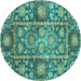 Round Machine Washable Oriental Turquoise Traditional Area Rugs, wshabs3122turq