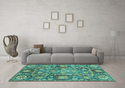 Machine Washable Oriental Turquoise Traditional Area Rugs in a Living Room,, wshabs3122turq