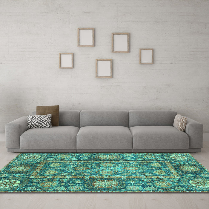 Machine Washable Oriental Turquoise Traditional Area Rugs in a Living Room,, wshabs3122turq