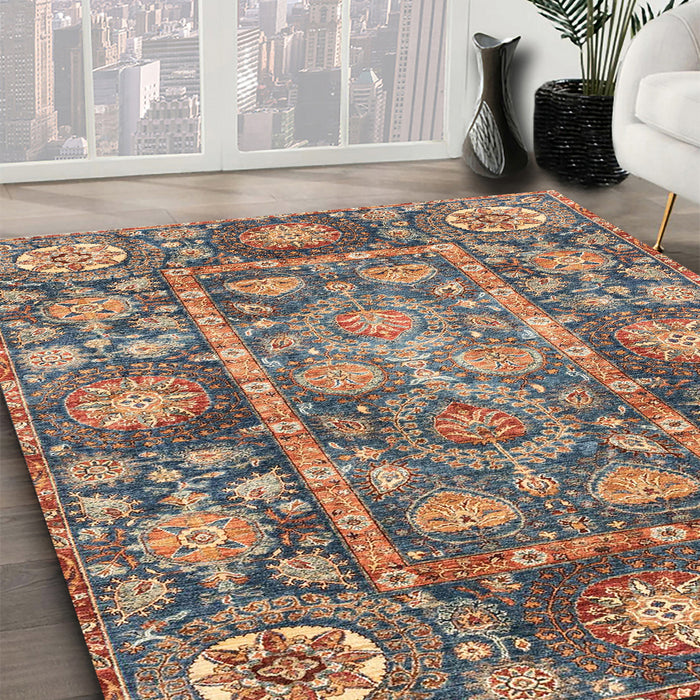 Abstract Camel Brown Oriental Rug in Family Room, abs3122