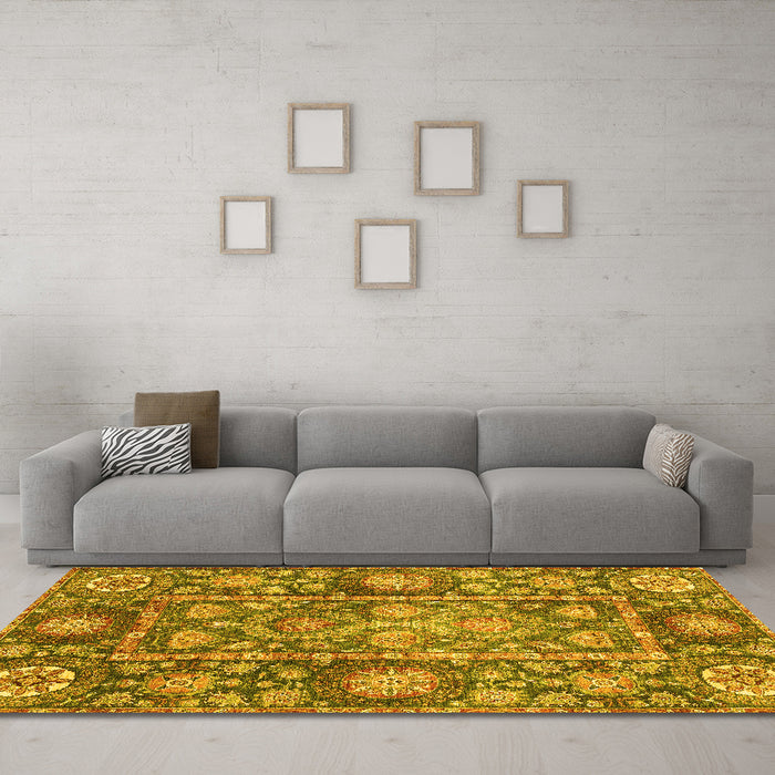 Machine Washable Oriental Yellow Traditional Rug in a Living Room, wshabs3122yw
