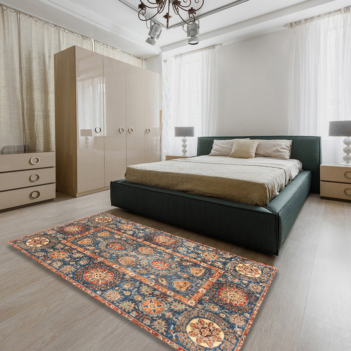 Abstract Camel Brown Oriental Rug in a Bedroom, abs3122