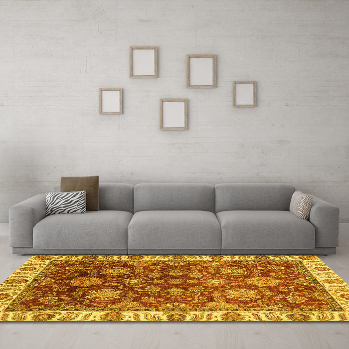 Machine Washable Oriental Yellow Traditional Rug in a Living Room, wshabs3123yw