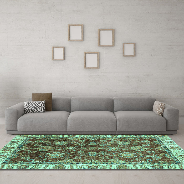 Machine Washable Oriental Turquoise Traditional Area Rugs in a Living Room,, wshabs3123turq