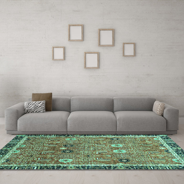 Machine Washable Oriental Turquoise Traditional Area Rugs in a Living Room,, wshabs3125turq