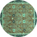 Round Machine Washable Oriental Turquoise Traditional Area Rugs, wshabs3125turq