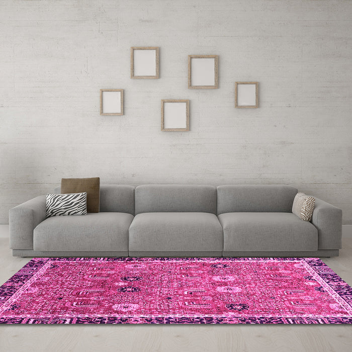 Machine Washable Oriental Pink Traditional Rug in a Living Room, wshabs3125pnk