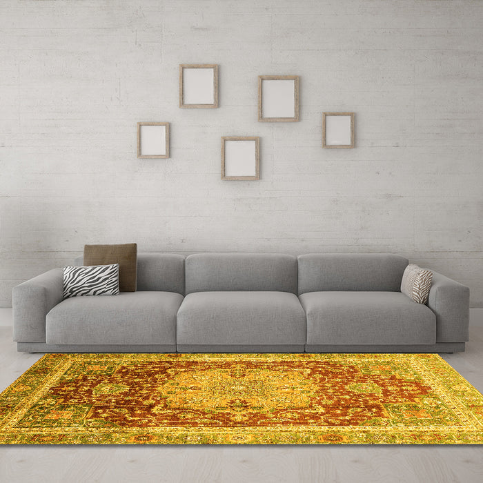 Machine Washable Abstract Yellow Modern Rug in a Living Room, wshabs3126yw