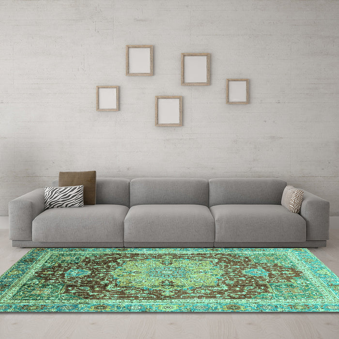 Machine Washable Abstract Turquoise Modern Area Rugs in a Living Room,, wshabs3126turq