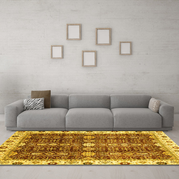Machine Washable Oriental Yellow Traditional Rug in a Living Room, wshabs3129yw