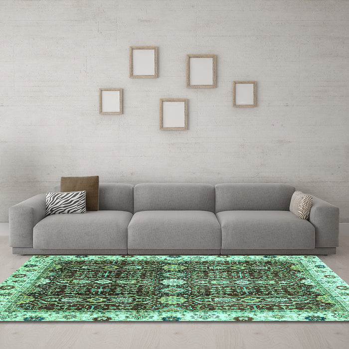 Machine Washable Oriental Turquoise Traditional Area Rugs in a Living Room,, wshabs3129turq