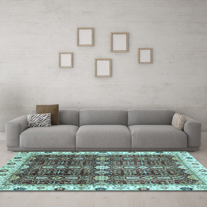 Machine Washable Oriental Light Blue Traditional Rug in a Living Room, wshabs3129lblu