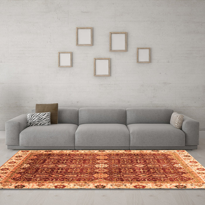 Machine Washable Abstract Orange Modern Area Rugs in a Living Room, wshabs3130org