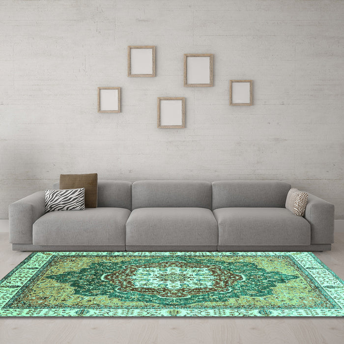 Machine Washable Abstract Turquoise Modern Area Rugs in a Living Room,, wshabs3131turq
