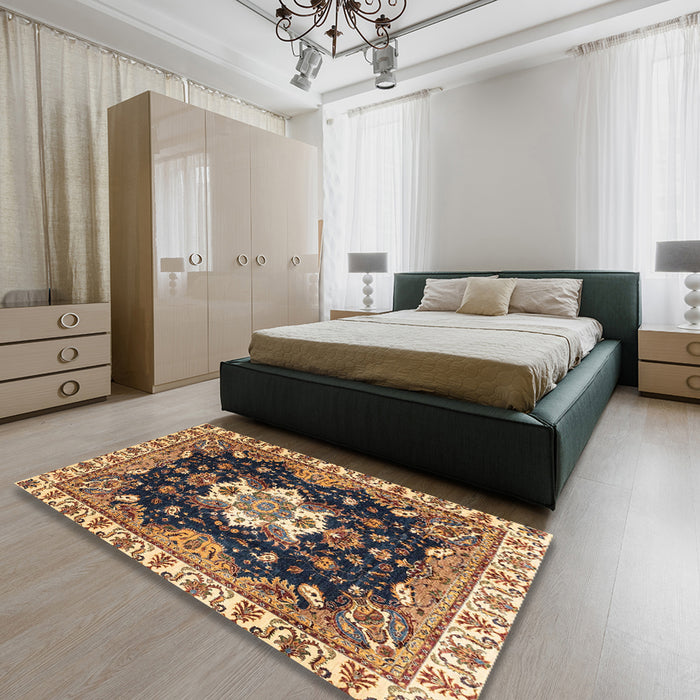 Abstract Dark Brown Geometric Rug in a Bedroom, abs3132