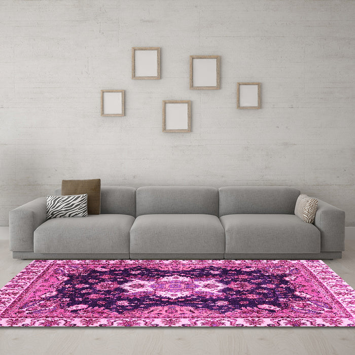 Machine Washable Geometric Pink Traditional Rug in a Living Room, wshabs3132pnk