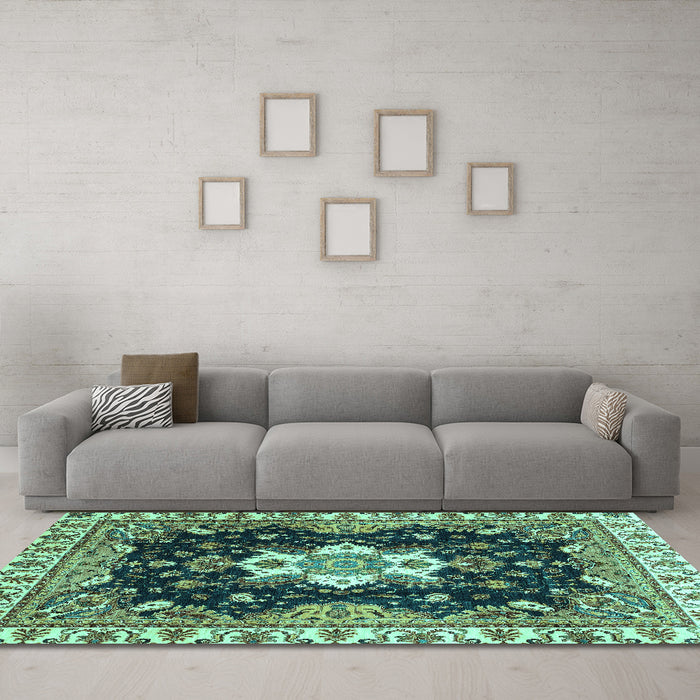 Machine Washable Geometric Turquoise Traditional Area Rugs in a Living Room,, wshabs3132turq