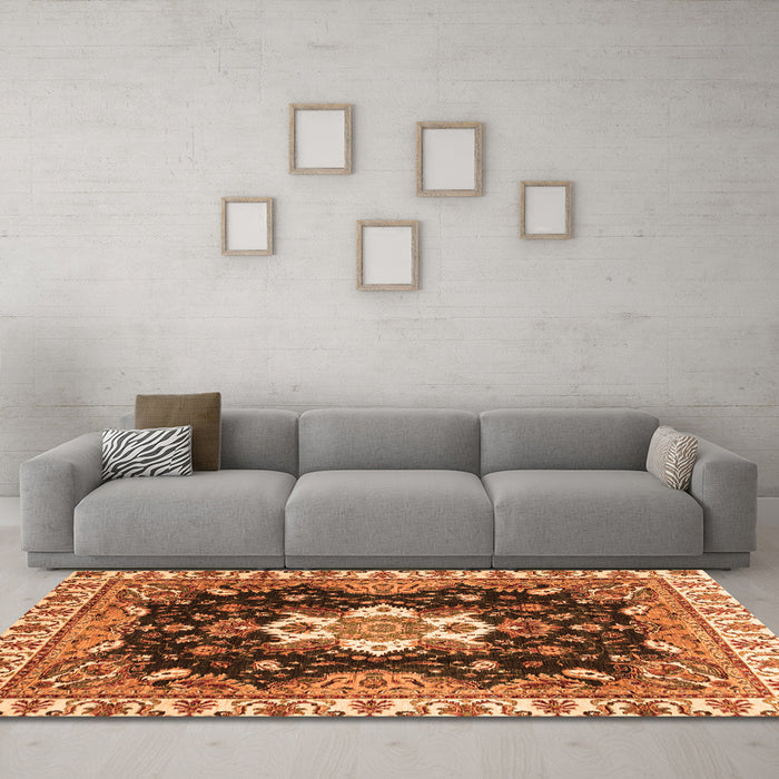 Machine Washable Geometric Orange Traditional Area Rugs in a Living Room, wshabs3132org