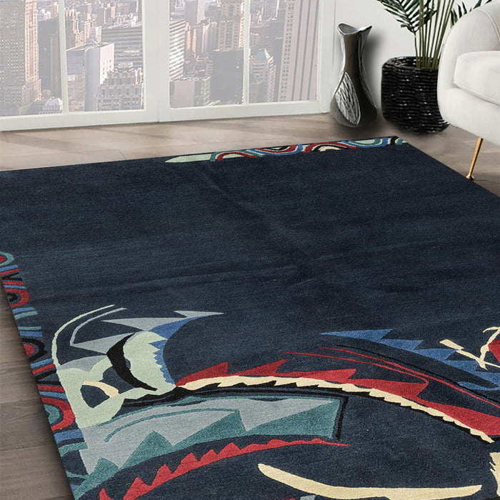 Machine Washable Abstract Blue Moss Green Rug in a Family Room, wshabs3144