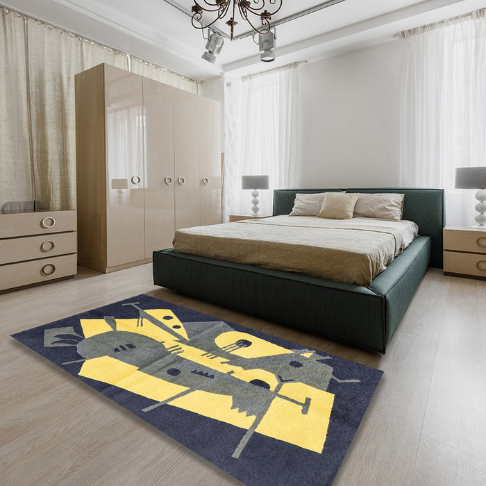 Machine Washable Abstract Metallic Gold Rug in a Bedroom, wshabs3145