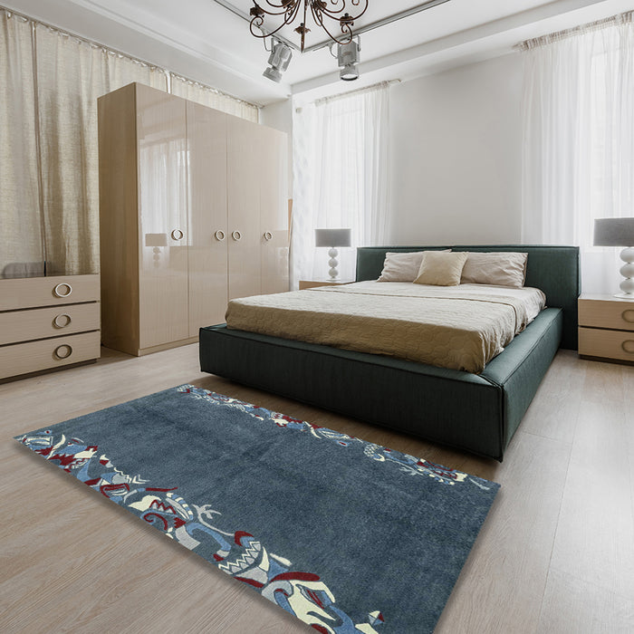 Machine Washable Abstract Dark Blue Grey Blue Rug in a Bedroom, wshabs3146