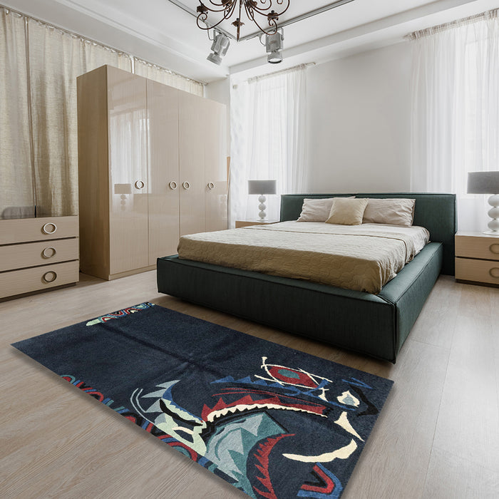 Machine Washable Abstract Blue Moss Green Rug in a Bedroom, wshabs3148