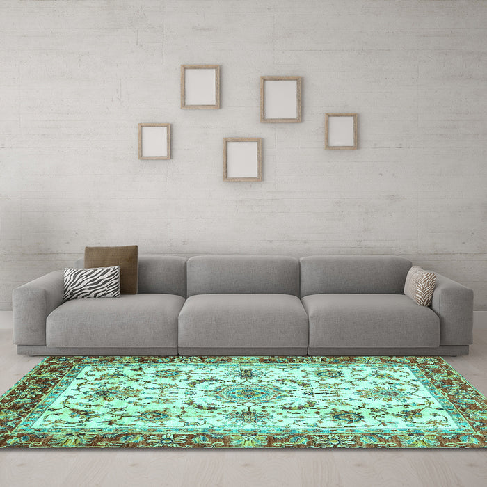 Machine Washable Abstract Turquoise Modern Area Rugs in a Living Room,, wshabs3154turq
