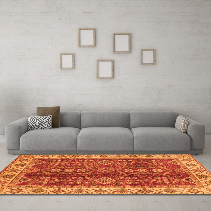 Machine Washable Abstract Orange Modern Area Rugs in a Living Room, wshabs3155org