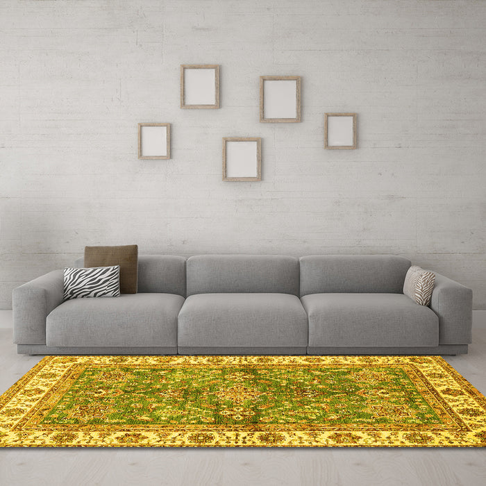 Machine Washable Oriental Yellow Traditional Rug in a Living Room, wshabs3156yw