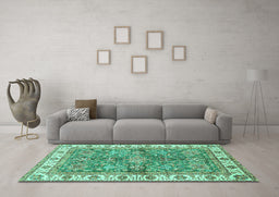 Machine Washable Oriental Turquoise Traditional Area Rugs in a Living Room,, wshabs3156turq
