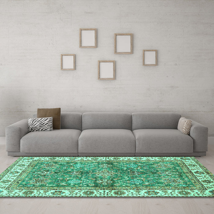 Machine Washable Oriental Turquoise Traditional Area Rugs in a Living Room,, wshabs3156turq