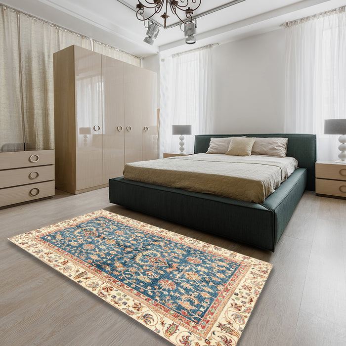 Abstract Khaki Gold Oriental Rug in a Bedroom, abs3157