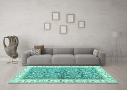 Machine Washable Oriental Turquoise Traditional Area Rugs in a Living Room,, wshabs3157turq