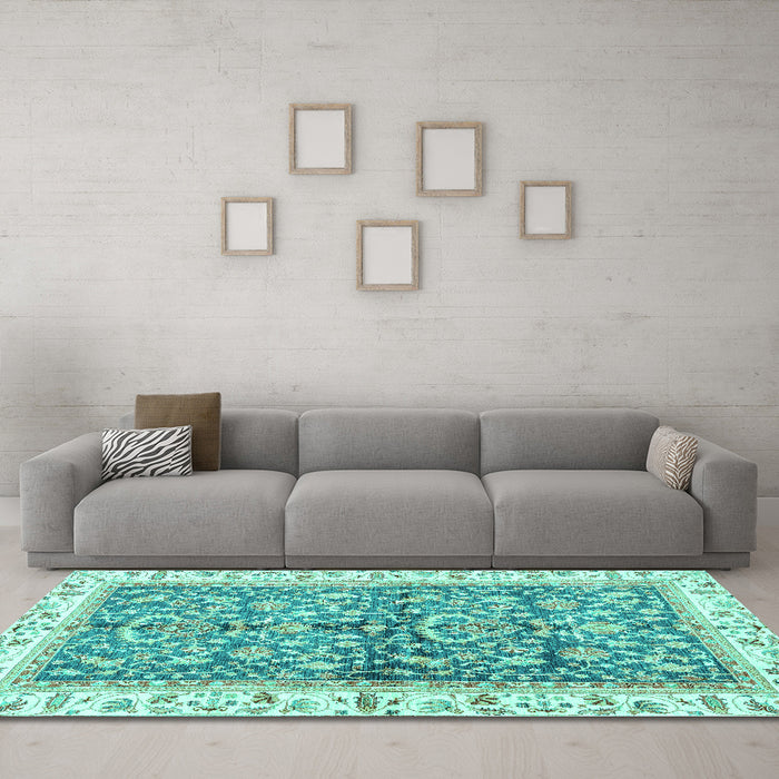 Machine Washable Oriental Turquoise Traditional Area Rugs in a Living Room,, wshabs3157turq