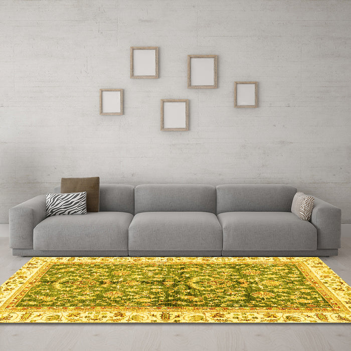 Machine Washable Oriental Yellow Traditional Rug in a Living Room, wshabs3157yw
