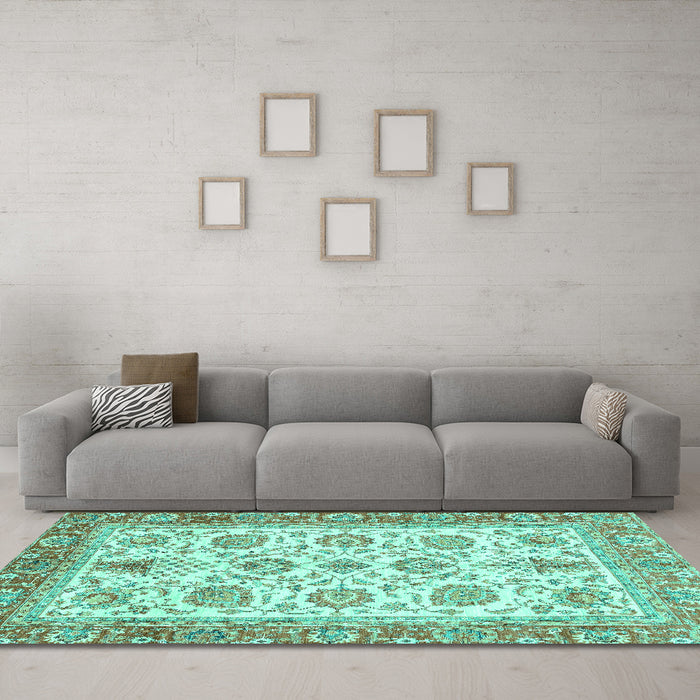 Machine Washable Oriental Turquoise Traditional Area Rugs in a Living Room,, wshabs3158turq