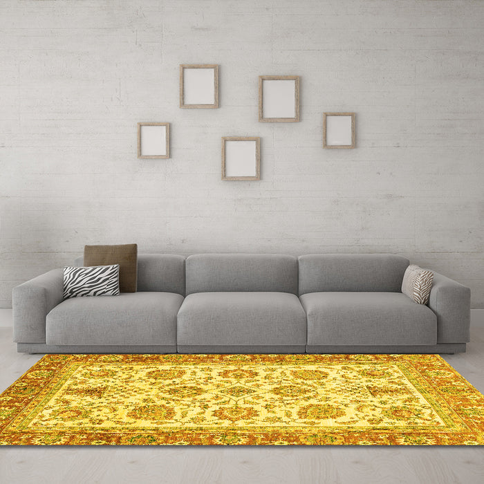 Machine Washable Oriental Yellow Traditional Rug in a Living Room, wshabs3158yw