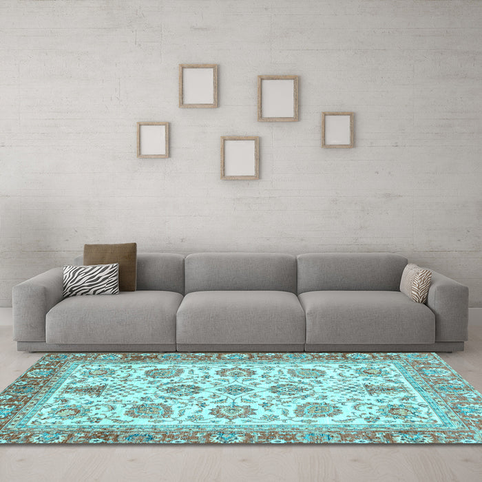 Machine Washable Oriental Light Blue Traditional Rug in a Living Room, wshabs3158lblu