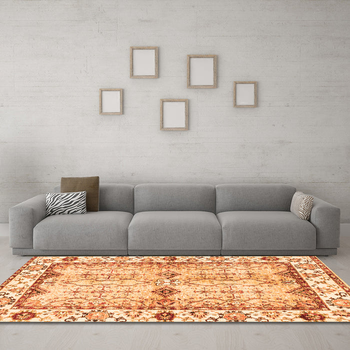 Machine Washable Abstract Orange Modern Area Rugs in a Living Room, wshabs3159org