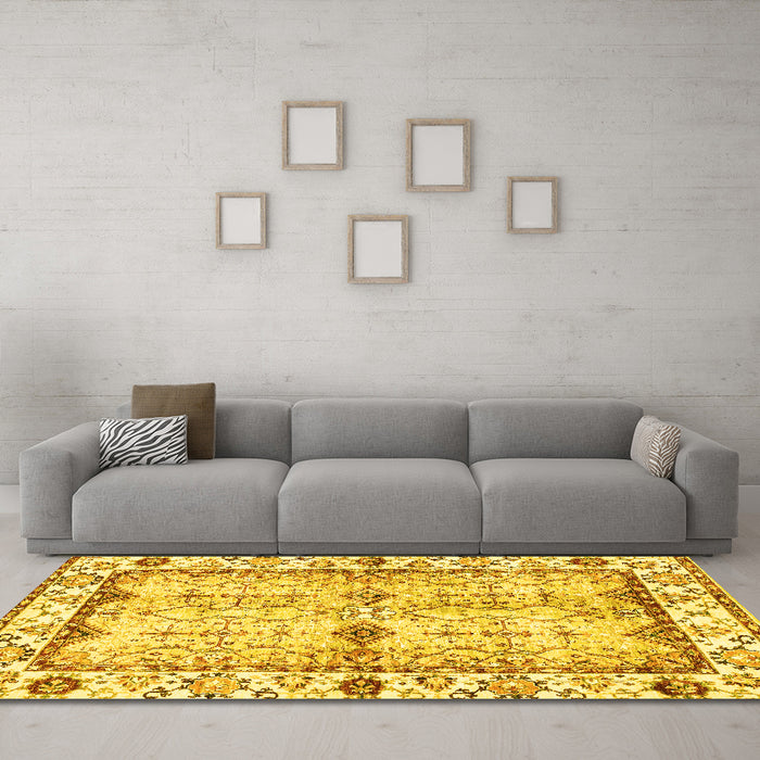 Machine Washable Abstract Yellow Modern Rug in a Living Room, wshabs3159yw